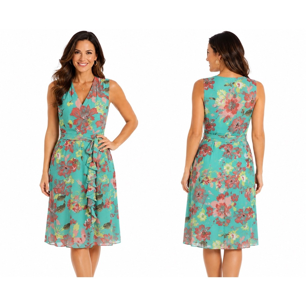 KSL Teal Floral Faux Wrap Ruffle Chiffon Dress Sleeveless V-Neck Knee Length 14